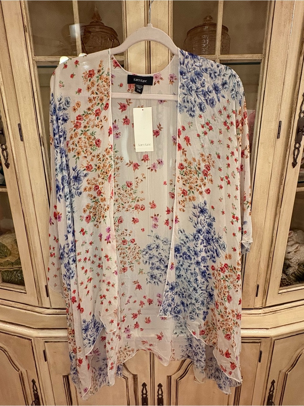 NWT Karen Kane Floral Open Front Jacket in Sheer White with Pastel Florals